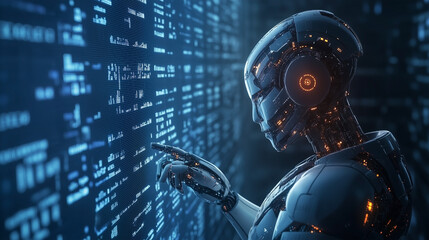 Fototapeta premium Advanced AI Robot Analyzing Data on Digital Interface