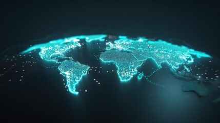Glowing blue world map with city lights on a dark background.