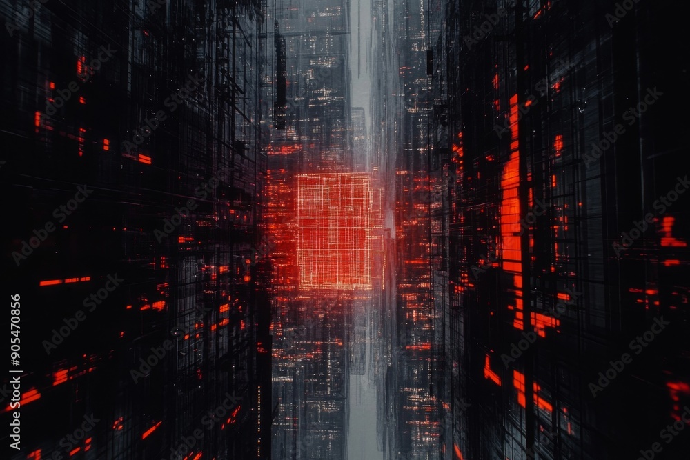 Poster cyberpunk cityscape with digital red matrix symbolizing a high-tech dystopian world.
