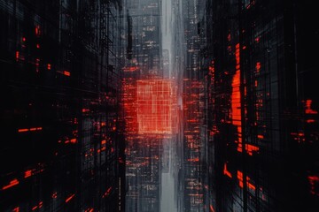 Naklejka premium Cyberpunk cityscape with digital red matrix symbolizing a high-tech dystopian world.