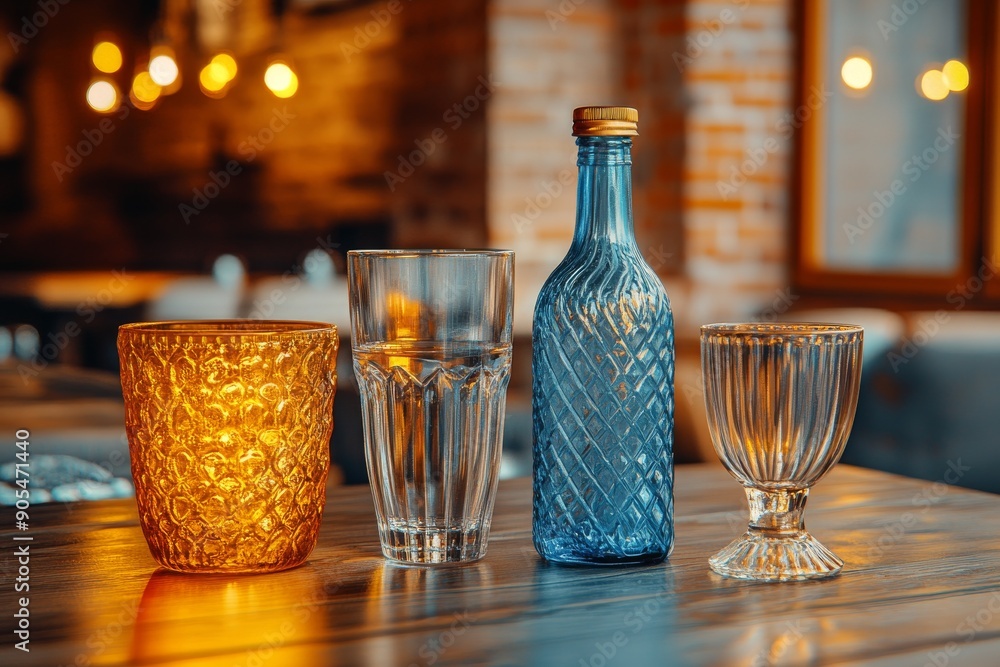 Poster artistic display of elegant drinkware on a rustic bar merging tradition with modern elegance.