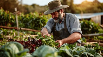 A farmer in a hat tends to vegetables in a garden, crouching by broccoli and red cabbage. The scene exudes peace and pastoral charm.