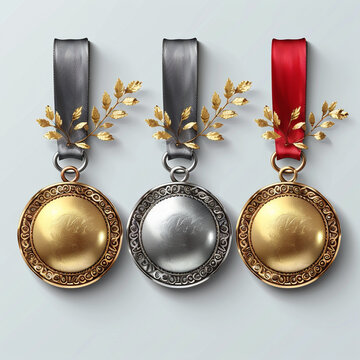 Three medal with gold madel and silver, bronze madel and red ribbon. vector illustration. Made with generative ai
