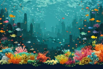 Underwater Cityscape with Vibrant Coral Reef and Fish