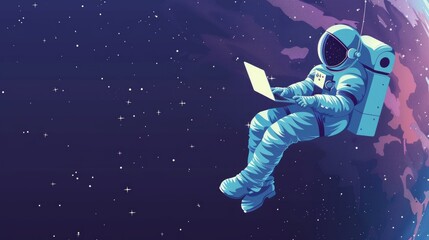 Naklejka premium An astronaut in a unique suit floats in space, using a laptop with Earth and a colorful planet in the background. Surreal and artistic space depiction.