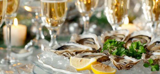 Elegant table setting with a platter of freshly shucked oysters on ice, garnished with lemon wedges and parsley, accompanied by champagne in crystal glasses.