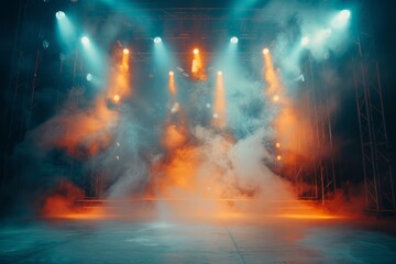 Fototapeta premium Illuminated foggy stage with scenic blue lights and smoke