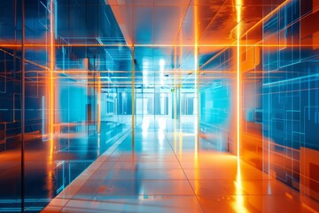 Modern color neon open space office interior with information technology frame overlay