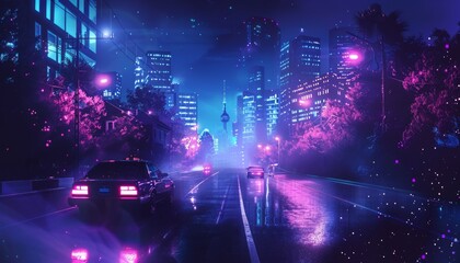 Fototapeta premium night city street with colorful neon lights, reflection in puddles and water, rainy foggy weather
