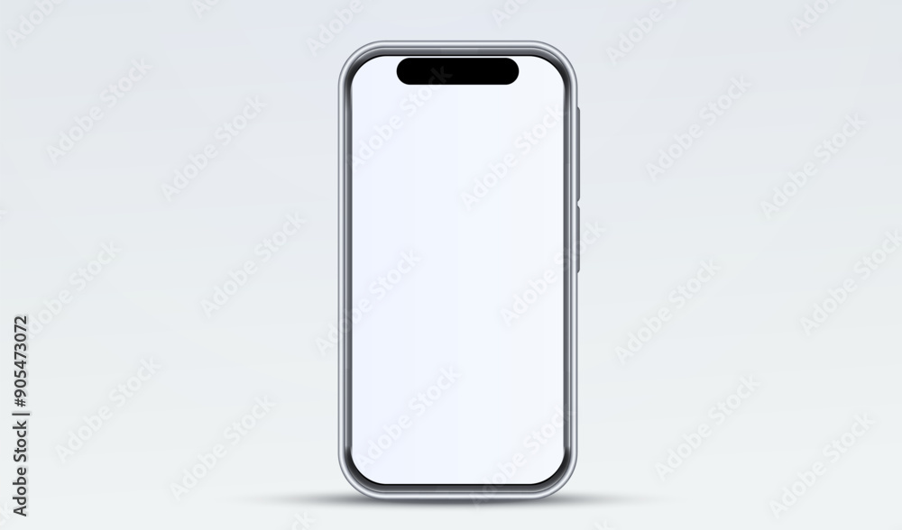 Poster mock up realistic 3d smartphone white screen. phone front view mockup. silver cellphone mobile isola