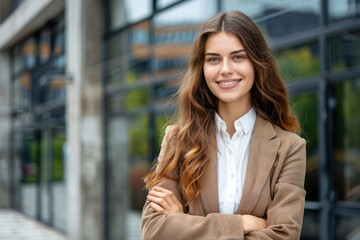 Fototapeta premium beautiful smiling businesswoman near a business house and looking at the camera