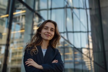 beautiful smiling businesswoman near a business house and looking at the camera