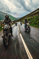 Vintage Motorcyclists Riding Along a Scenic Road, Natural Green Fields and Mountains, Commercial Advertising Photography