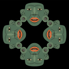 Geometrical ethnic ornament or frame with Pre-Columbian Native American jade masks of Maya Indians. Indigenous art. Green human heads with red lips. Isolated on black background.