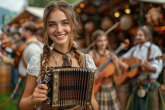 Young Woman in Traditional Outfit Playing Accordion at Street Festival During Summer