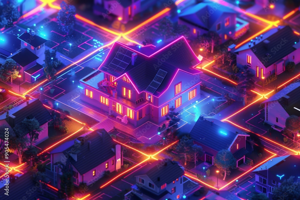 Poster vivid neon cityscape in a matrix-style layout showcasing a blend of technology and urban development