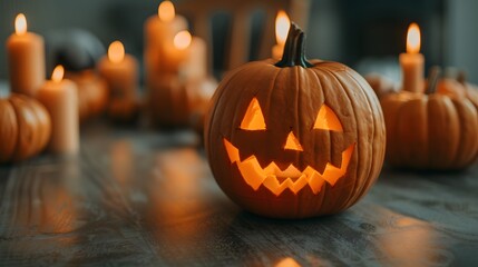 Fototapeta premium Two pumpkins with scary faces lit up on a table