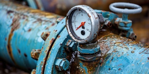 A close-up view of a pressure gauge attached to a large, rusty blue pipe