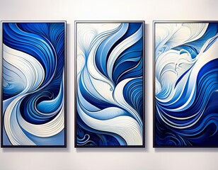 A set of three abstract modern wall art panels with flowing blue and white designs