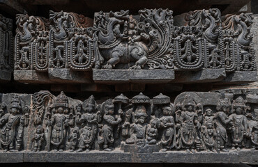 The Hoysaleswara Temple in Halebidu is famous for its sculptures, intricate reliefs, detailed friezes, as well as its history and iconography.