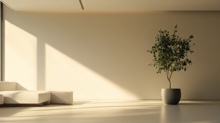 Hyper-realistic minimalist living room, soft natural light, single potted plant, clean lines