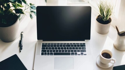 Ultra-sharp image of a simple workspace, sleek laptop, white desk, nothing else