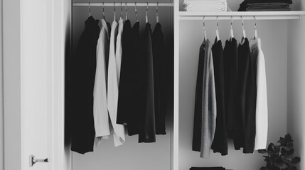 Crystal-clear shot of a minimalist wardrobe, monochrome clothes, perfect organization