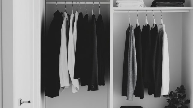 Crystal-clear shot of a minimalist wardrobe, monochrome clothes, perfect organization