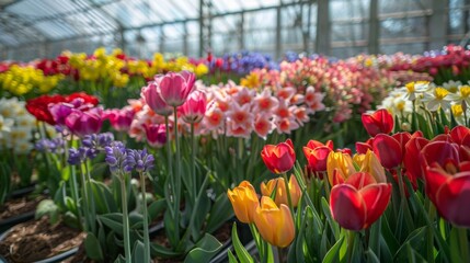 A vibrant display of tulips and daffodils fills the greenhouse, showcasing a variety of colors and blooms in the heart of spring.