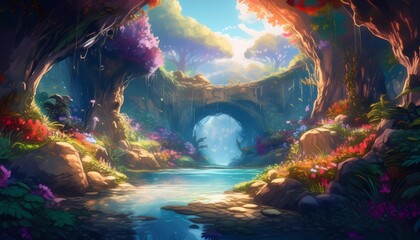 Obraz premium Vibrant forest with a hidden grotto at noon, lively and enchanting