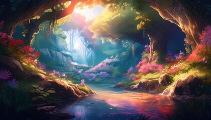 Fototapeta premium Vibrant forest with a hidden grotto at noon, lively and enchanting
