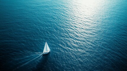 Hyper-detailed drone capture of a lone sailboat in vast ocean, wake patterns