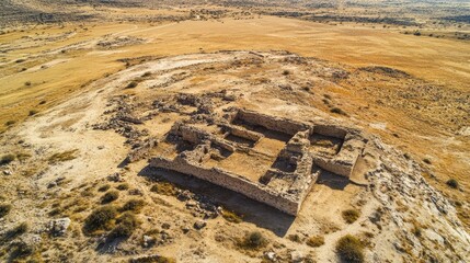 Tack-sharp aerial photo of an ancient ruins site, archaeological dig visible, desert landscape