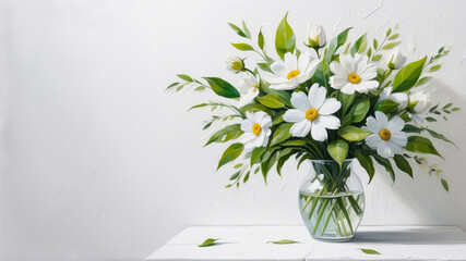 Elegant bouquet of white daisies in a glass vase on white background with copy space