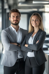 Portrait of a confident businessman and businesswoman standing with arms crossed in a modern office setting. They exude professionalism and leadership