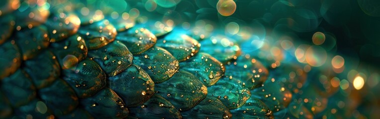 Obraz premium Teal fish scales with golden highlights and water droplets