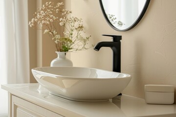 Close up of sink with oval mirror standing in on green wall , wooden vanity with black faucet in minimalist bathroom. Side view. 3d rendering, Generative AI