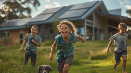 Naklejka premium Children playing outdoors near an eco-friendly house with solar panels.