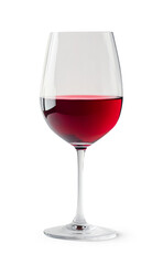 A wine glass is filled with red wine on white or transparent background