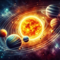 Colorful Illustration of Solar System Planets Orbiting the Sun in Outer Space
