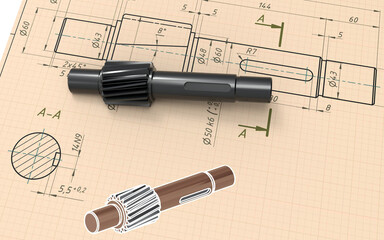 3D rendering - mechanical shaft over 2D drawing