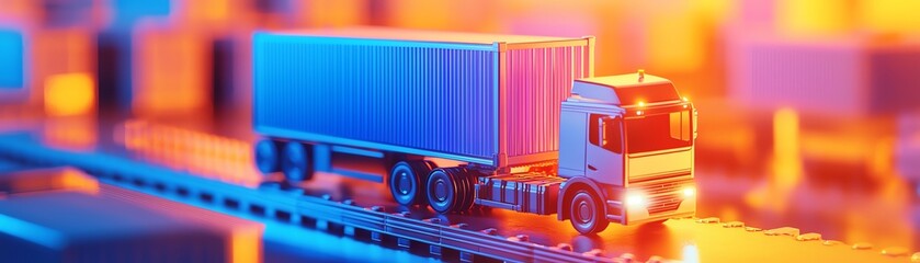 Obraz premium A vibrant truck transports goods through a cityscape, illuminated by striking neon lights, showcasing modern logistics and transport.