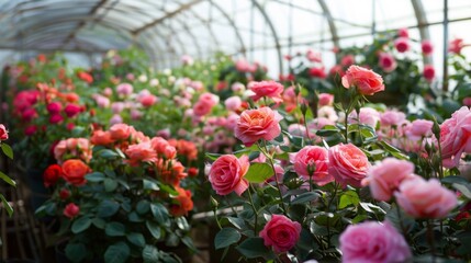 Vibrant roses in various shades fill a greenhouse, showcasing lush greenery and the beauty of blooming flowers.