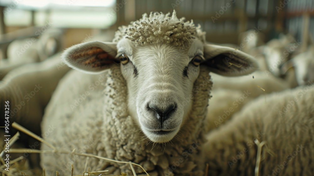 Wall mural sheep in a pen gazes at a camera