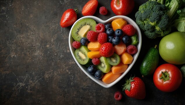 Nutritional food for heart health wellness by cholesterol diet and healthy nutrition eating with clean fruits and vegetables in heart dish by nutritionist