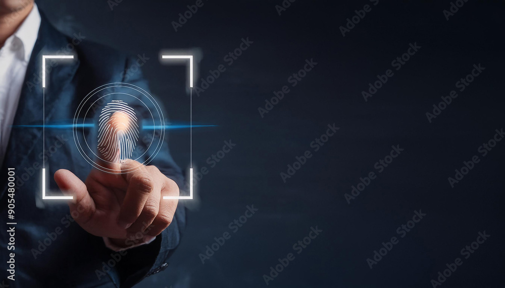 Poster a person in a suit using a digital fingerprint scanner for secure access, highlighting the importanc