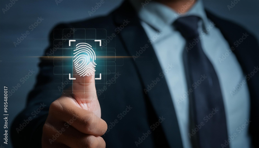 Poster a close-up of a person pressing their thumb on a digital fingerprint scanner, indicating a secure au