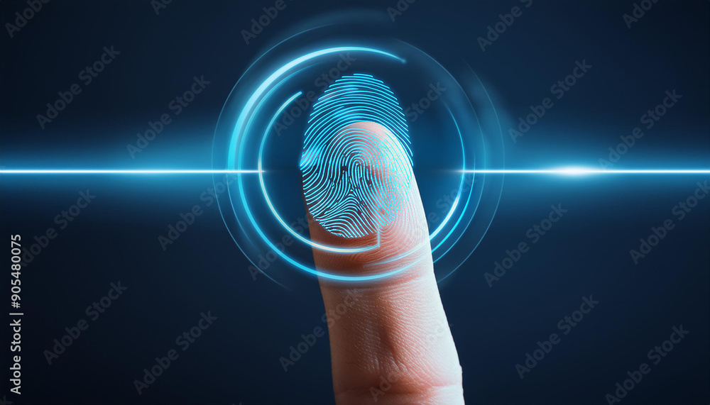 Poster a detailed image of a digital fingerprint scanner with a fingerprint in focus, representing modern s