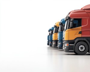 3D render of a line of lorries at a distribution hub, vibrant and busy, showcasing heavyduty fleet logistics, isolated on white background, copy space