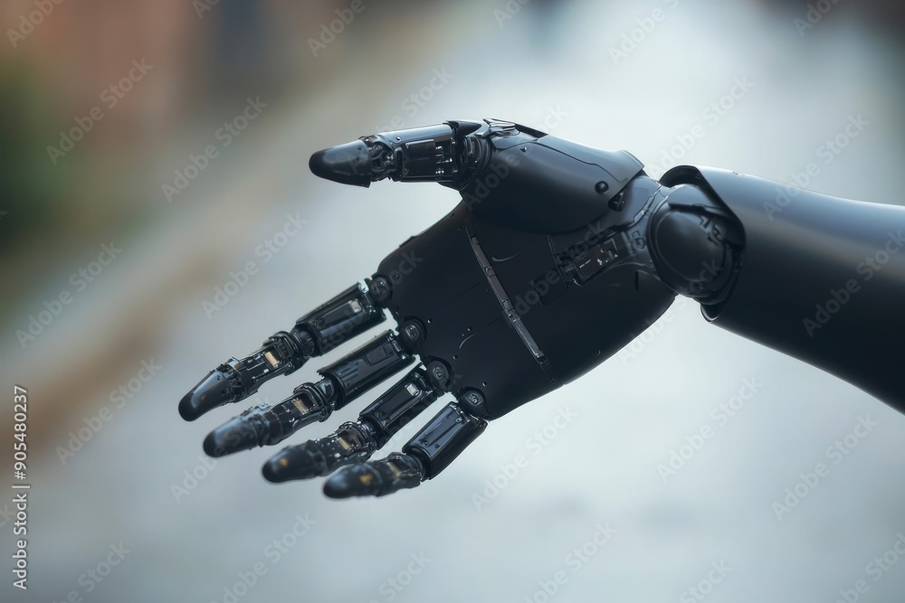 Poster robot hand with a mechanical and rugged design emphasizing durability and industrial application.